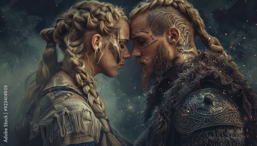 Romantic moment between two Viking warriors in a mystical forest at twilight Romantic moment between two Viking warriors in a mystical forest at twilight