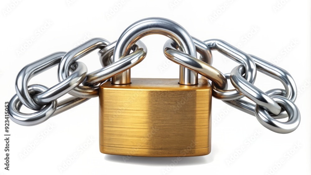 A heavy-duty padlock with rust-resistant coating secured by a thick chain, isolated on a clean white background, conveying security and protection. A heavy-duty padlock with rust-resistant coating secured by a thick chain, isolated on a clean white background, conveying security and protection.
