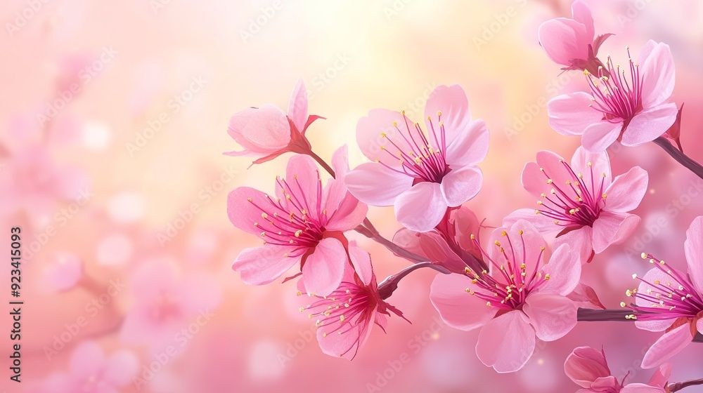 Fototapeta premium Beautiful nature spring background with a branch of blooming sakura. Sakura blossoming season. Generative ai