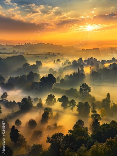 Stunning sunrise landscape over foggy English countryside  photo