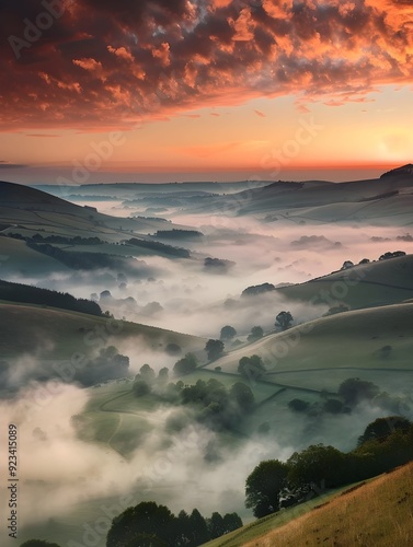 Stunning sunrise landscape over foggy English countryside  photo