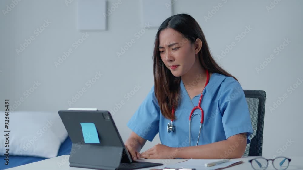 Nurse in scrubs overworking on a laptop, displaying signs of stress and fatigue in a hospital or clinic's workspace Nurse in scrubs overworking on a laptop, displaying signs of stress and fatigue in a hospital or clinic's workspace