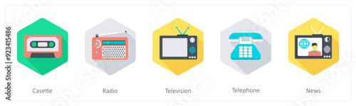 A set of 5 Communication icons as casette, radio, television
