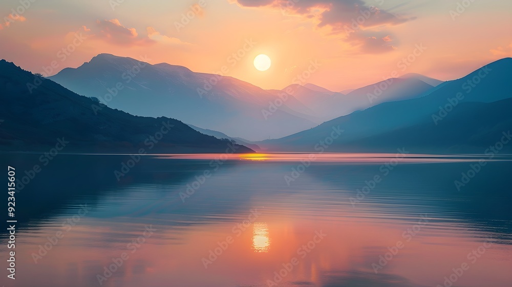 Fototapeta premium Sun Setting Over a Tranquil Mountain Lake