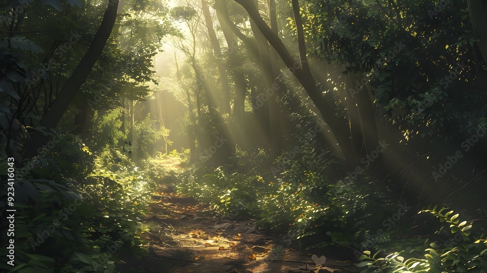 Obraz premium Sunlight filtering through a dense woodland trail