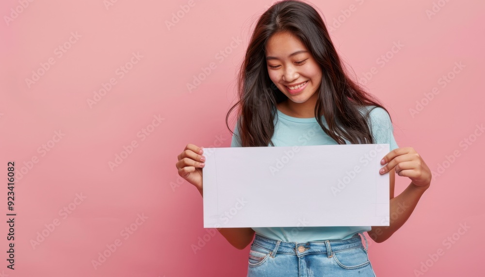 Young woman smiles while holding a blank sign in front of a pink background Young woman smiles while holding a blank sign in front of a pink background