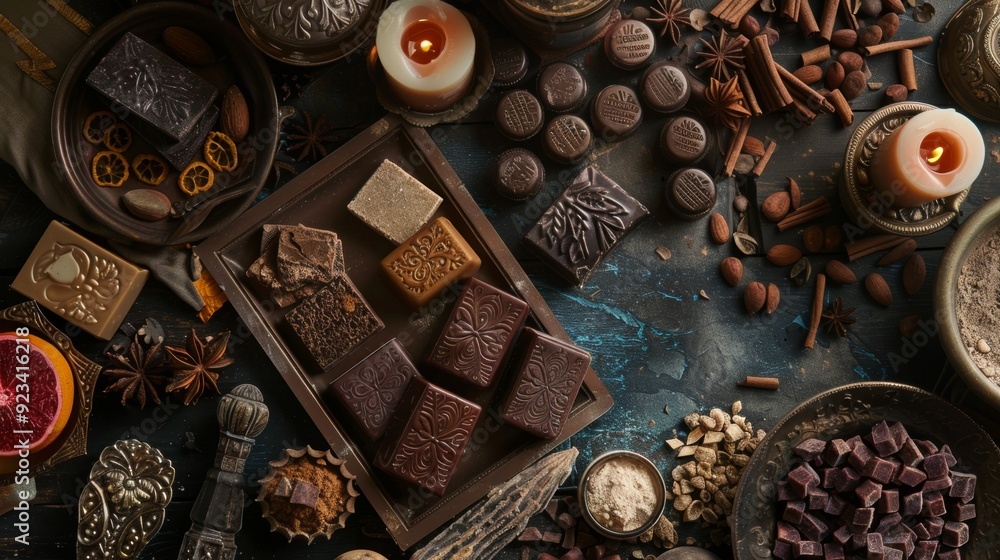 Artisan chocolate bars and ingredients in a rustic arrangement Artisan chocolate bars and ingredients in a rustic arrangement