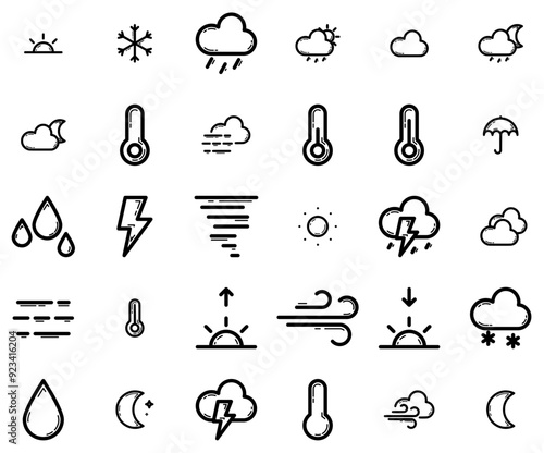 Set Of Linear Weather Icons Web Header Banner Design Containing Weather,Thermometer,Sun,Weather-Reports,Cloud Outline Icons Collection. Simple Vector Illustration