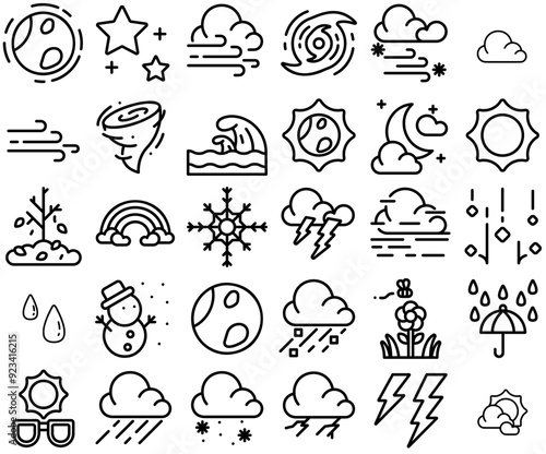 Mega Set Of Vector Weather Icons Silhouette Vector Logo Design Containing Winter,Season,Storm,Sky,Weather Stroke Icon Collection. Vector Illustration