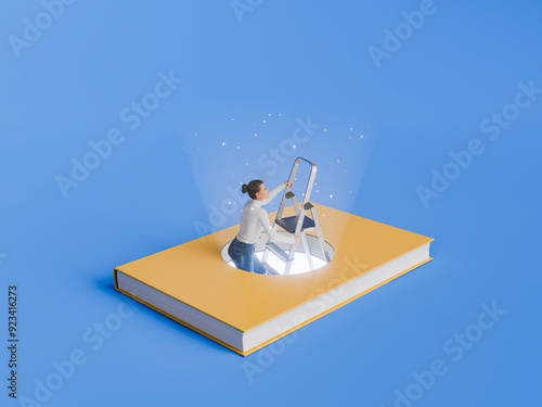 Woman Climbing Ladder Emerging from Yellow Book on Blue Background