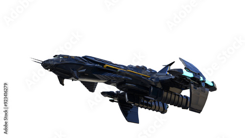 Fototapeta Naklejka Na Ścianę i Meble -  Large science fiction fantasy space ship flying overhead. Isolated 3D rendered illustration.