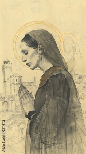 The painting of St. Etheldreda Praying in 7th-Century English Monastery, Biblical Illustration, Beige Background, Copyspace photo