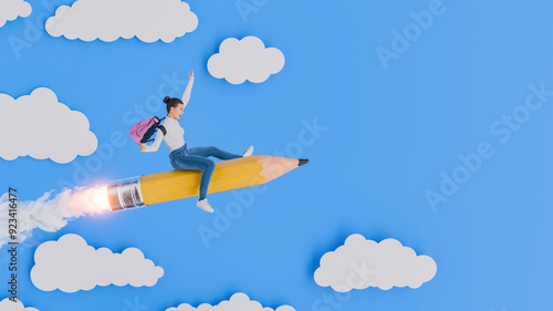Woman Riding a Rocket-Powered Pencil Among Clouds on a Blue Background