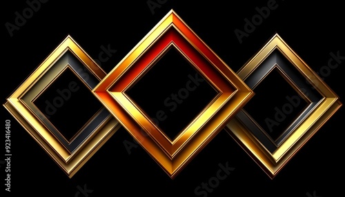 Three Interlocking Golden Diamond Frames with Red Center