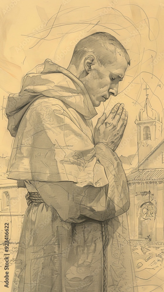 Fototapeta premium The painting of Deep Contemplation of St. John of the Cross, Spanish Countryside, Biblical Illustration, Beige Background, Copyspace