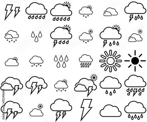 A Collection Of Weather 2 Border Icons Collection Isolated Silhouette Solid Icons Including Cloud,Thunderstorm,Rain,Sun,Weather Solid Icon Collection. Vector Illustration