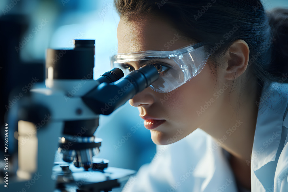 Close-up of female scientist looking through a microscope Close-up of female scientist looking through a microscope