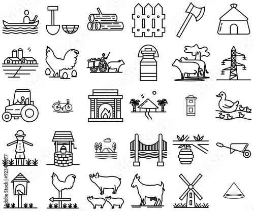 A Collection Of Village Life Line Icons Icons Web Header Banner Design Containing Village,Water,Food,Farm,Rural Simple Black Style Symbol Sign For Apps And Website, Vector Illustration