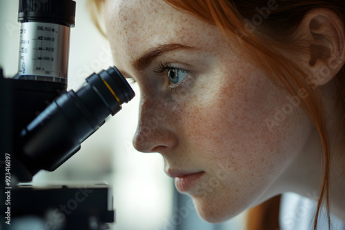 Close-up of female scientist looking through a microscope