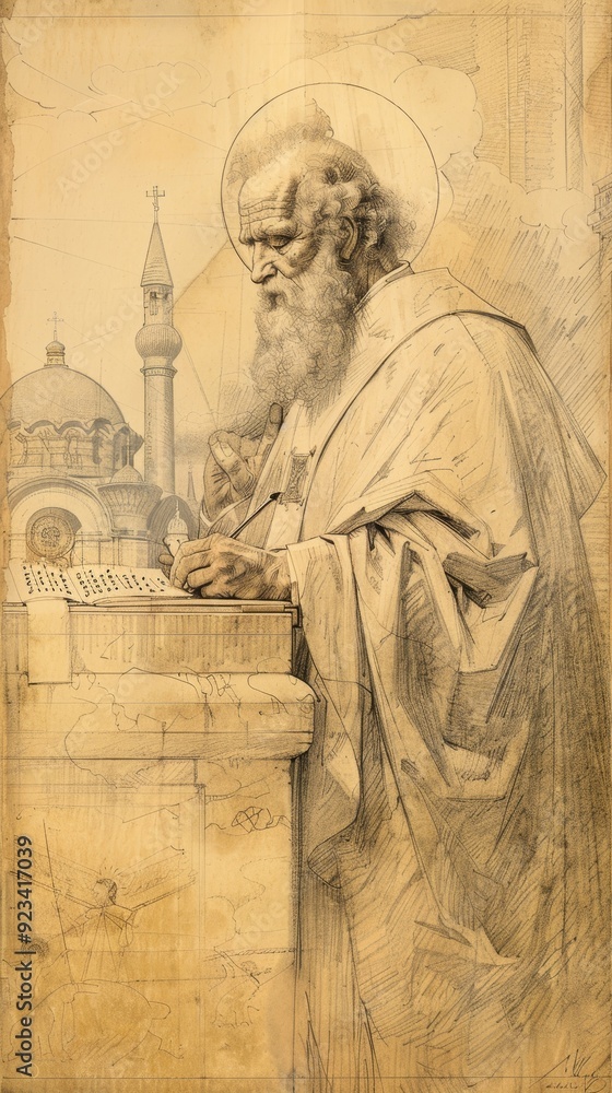 Fototapeta premium The painting of St. Gregory of Nyssa Writing in 4th-Century Church, Biblical Illustration, Beige Background, Copyspace