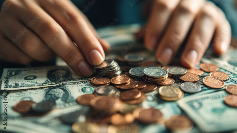 Close-up of hands organizing and stacking bills with coins on a surface. The focus is on the process of Close-up of hands organizing and stacking bills with coins on a surface. The focus is on the process of