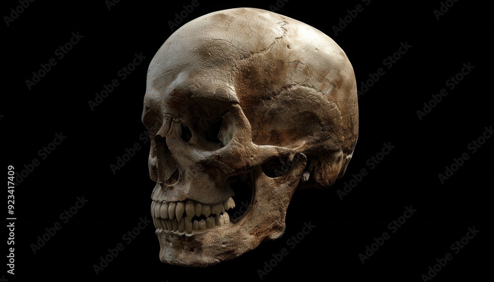 Detailed view of a human skull displayed against a black background Detailed view of a human skull displayed against a black background