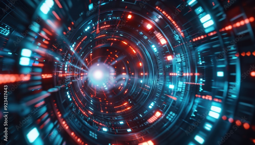 Vivid digital tunnel with blue and red lights swirling in a futuristic design Vivid digital tunnel with blue and red lights swirling in a futuristic design