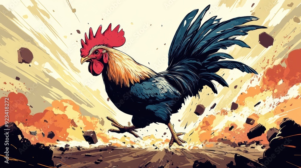 Fototapeta premium A rooster running through a field of exploding rocks, AI