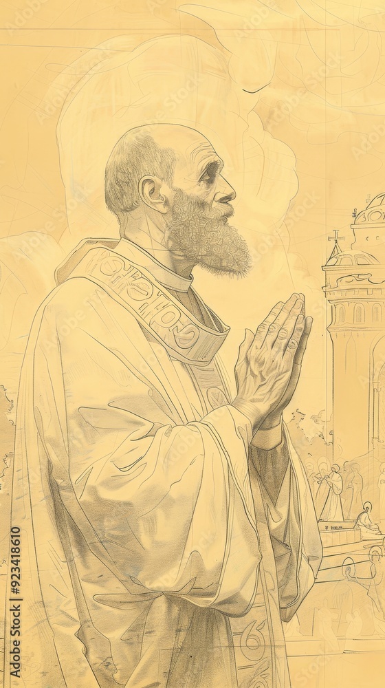 Fototapeta premium The painting of St. Basil the Great in 4th-Century Church, Moment of Prayer, Biblical Illustration, Beige Background, Copyspace