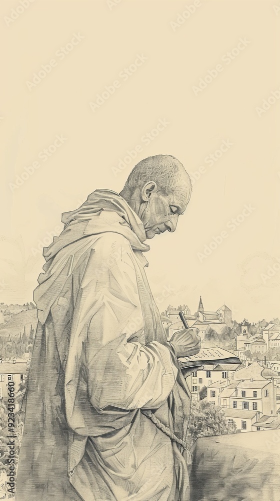 Fototapeta premium The painting of St. Louis de Montfort Writing in 18th-Century French Village, Biblical Illustration, Beige Background, Copyspace