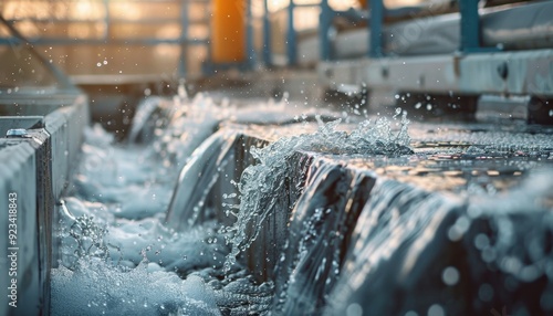 Water flowing over concrete steps at a treatment plant during sunset