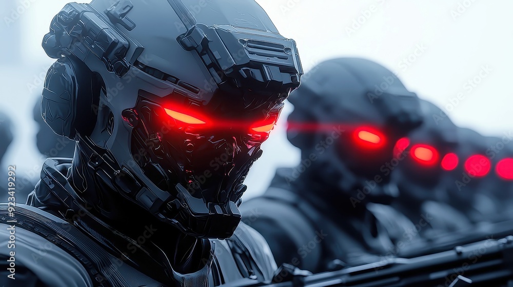 Futuristic Soldiers with Glowing Red Eyes, a formidable squadron stands ...