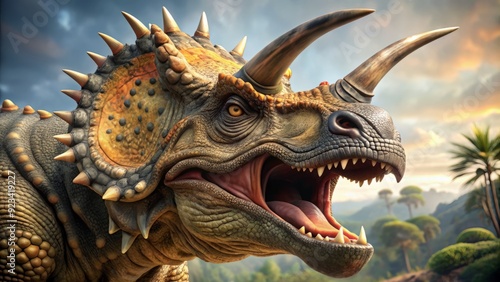 A highly detailed, realistic depiction of a roaring Triceratops, emphasizing the texture of its scaly skin and the ferocity of its open, tooth-filled mouth.