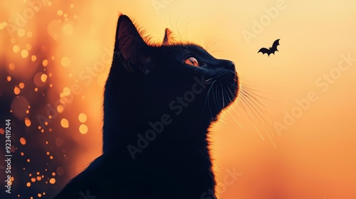 Double exposure of black cat and halloween night sky