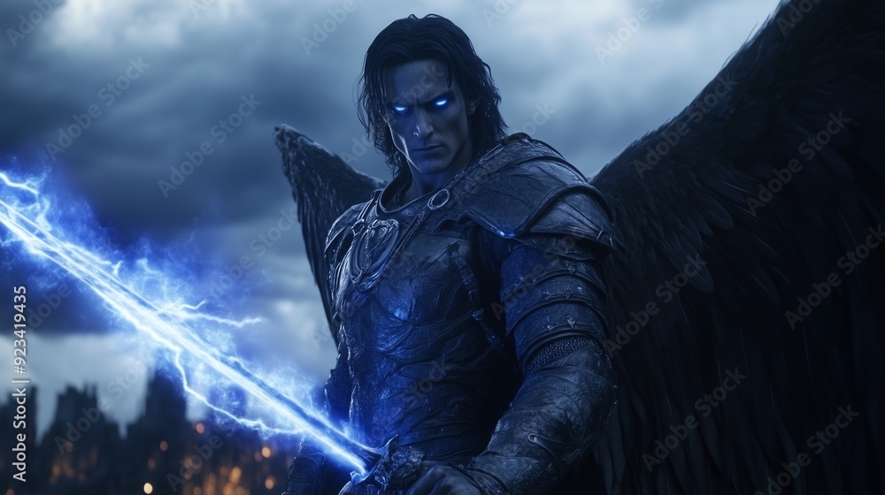 Fototapeta premium Dark archangel with glowing eyes, warrior with blue energy sword, armored angelic figure, dramatic sky and wings, fantasy battle scene