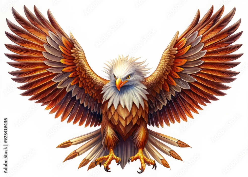 Obraz premium Majestic eagle illustration with outstretched wings and sharp talons, rendered in precise lines and vibrant colors, isolated on a clean white background.