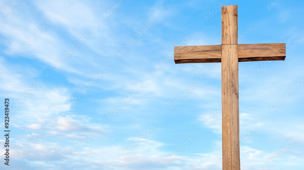 Wooden cross against blue sky, Cross with sky background, Christian cross with copy space, Wooden cross in open sky, Simple cross with clear sky Wooden cross against blue sky, Cross with sky background, Christian cross with copy space, Wooden cross in open sky, Simple cross with clear sky