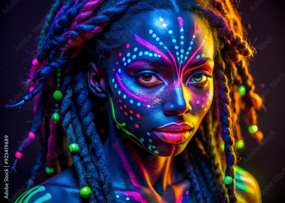 Vibrant neon hues illuminate dark skin, dreadlocks, and facial features of an African woman, transformed by radiant face paint and makeup under blacklight. Vibrant neon hues illuminate dark skin, dreadlocks, and facial features of an African woman, transformed by radiant face paint and makeup under blacklight.