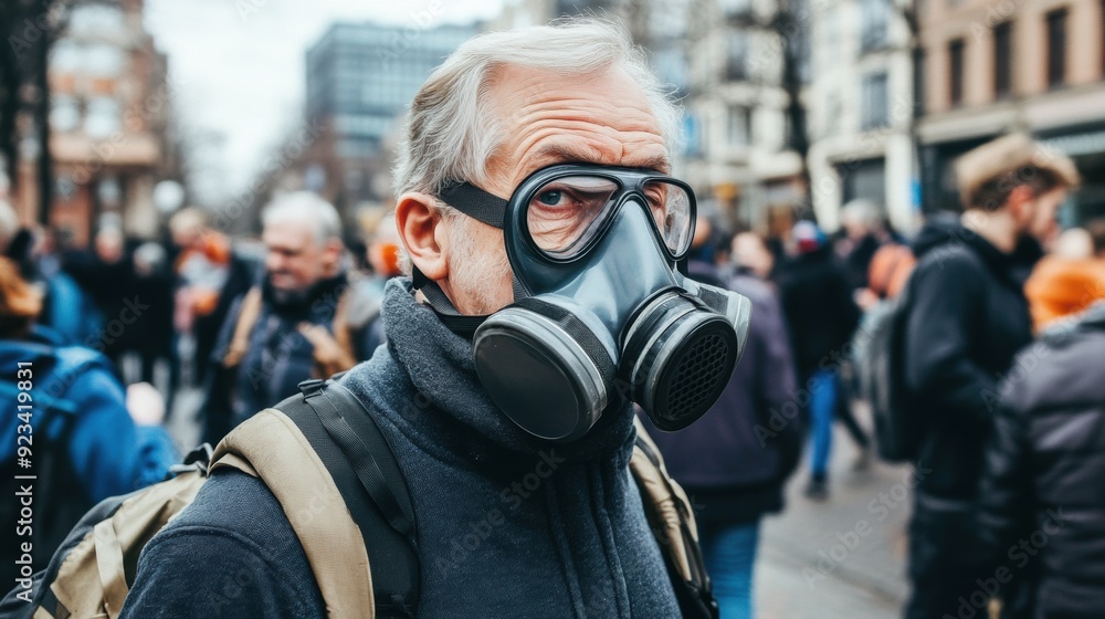 A man wearing a gas mask on the street in front of people, AI A man wearing a gas mask on the street in front of people, AI