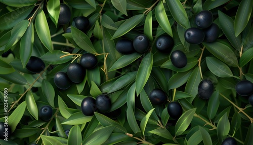 Fresh black olives nestled among vibrant green leaves in a lush orchard