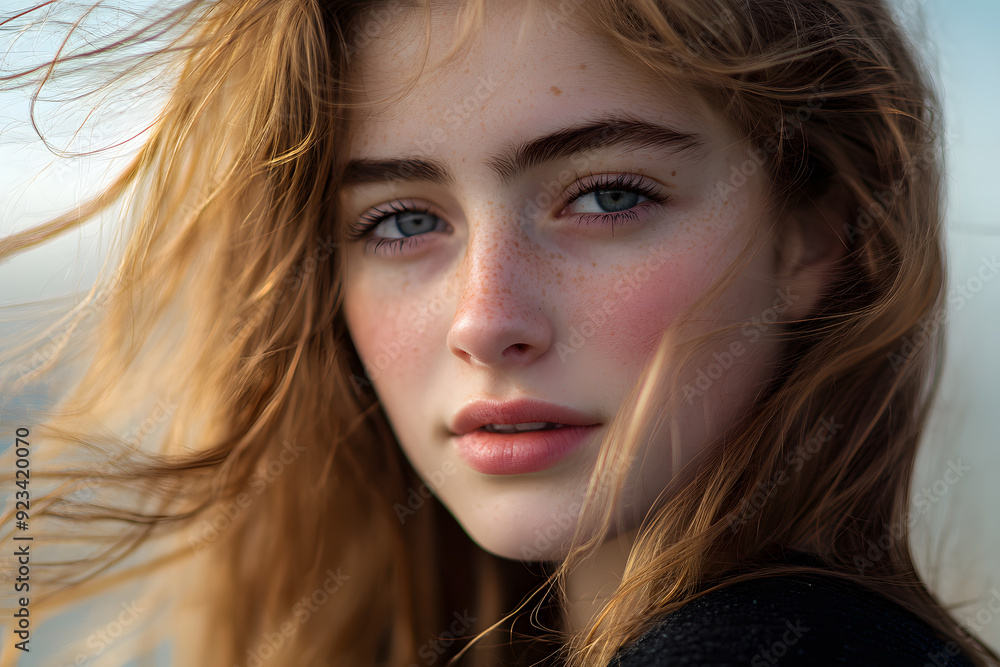 Close-up portrait of a young woman with windblown hair, looking directly at the camera Close-up portrait of a young woman with windblown hair, looking directly at the camera