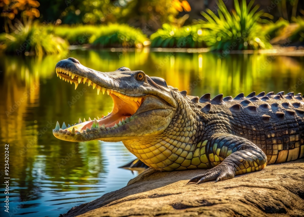 Obraz premium A serene scene of a large alligator or crocodile basking in warm midday sunlight by a peaceful pond, jaws agape, showcasing its sharp teeth.