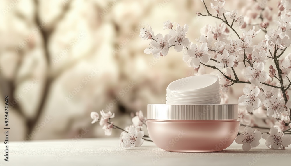 Skin cream placed beside blooming cherry blossoms on a soft background Skin cream placed beside blooming cherry blossoms on a soft background