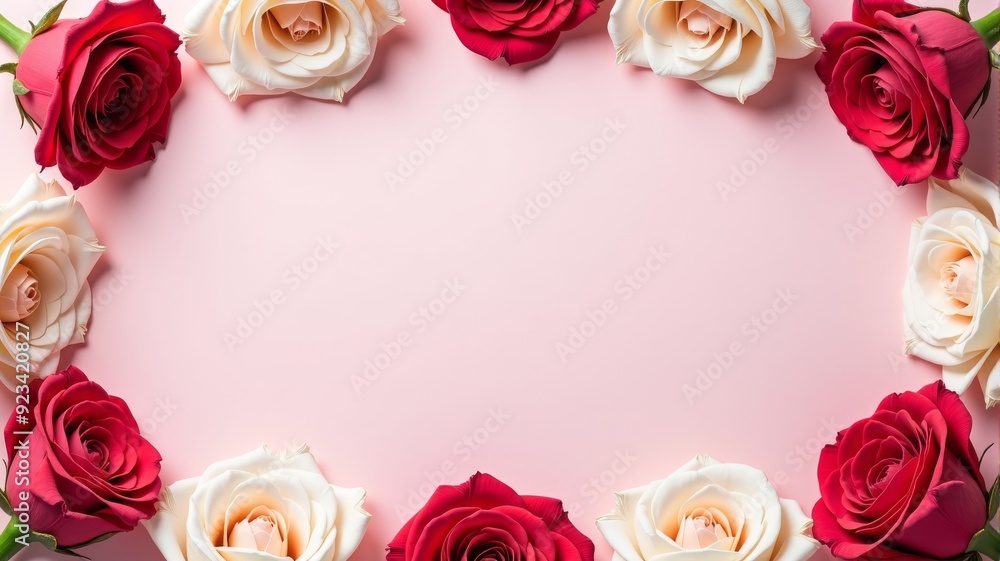 Beautiful Red and White Roses Arranged in a Heart Shape on Pink Background for Valentines Day Beautiful Red and White Roses Arranged in a Heart Shape on Pink Background for Valentines Day