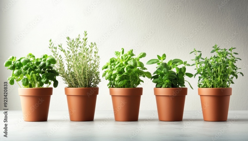 Fresh herbs in terracotta pots arranged on a countertop in a bright kitchen Fresh herbs in terracotta pots arranged on a countertop in a bright kitchen