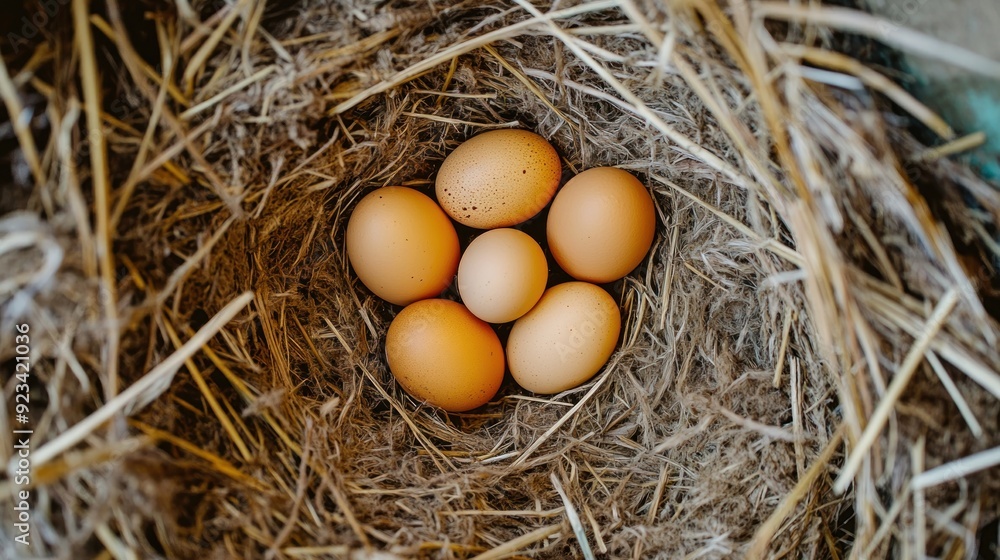 Six brown eggs nestled in a hay nest. Six brown eggs nestled in a hay nest.