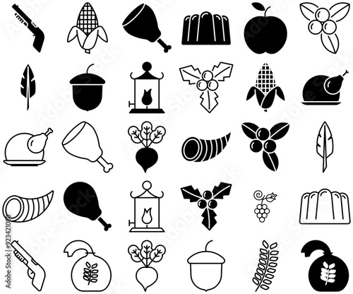 Mega Set Of Vector Thanksgiving Isolated Silhouette Solid Icons With Health,Food,Turkey,Fruit,Bird Vector Illustration Linear Pictogram Pack