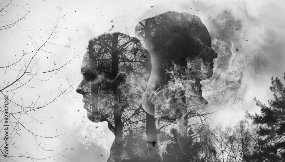 Dual silhouettes blending with trees and smoke in a surreal black and white composition Dual silhouettes blending with trees and smoke in a surreal black and white composition