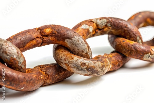 Rusty old chain with broken links and corrosion, isolated on a clean white background, symbolizing decay, neglect, and abandonment of once useful objects.