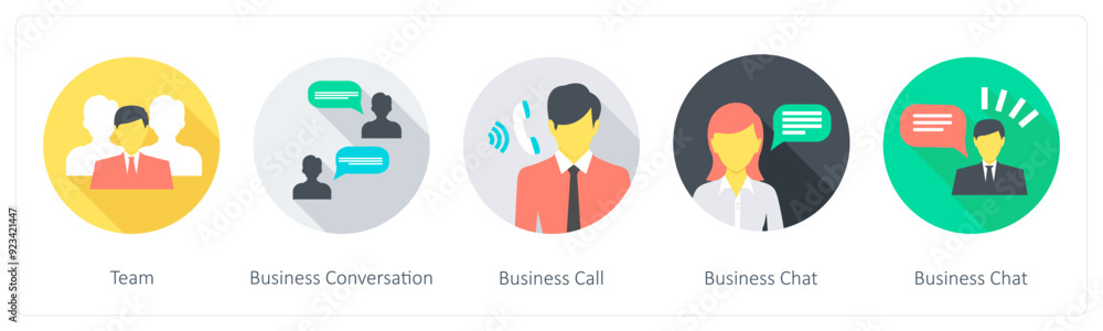 A set of 5 Communication icons as team, business conversation, business call A set of 5 Communication icons as team, business conversation, business call